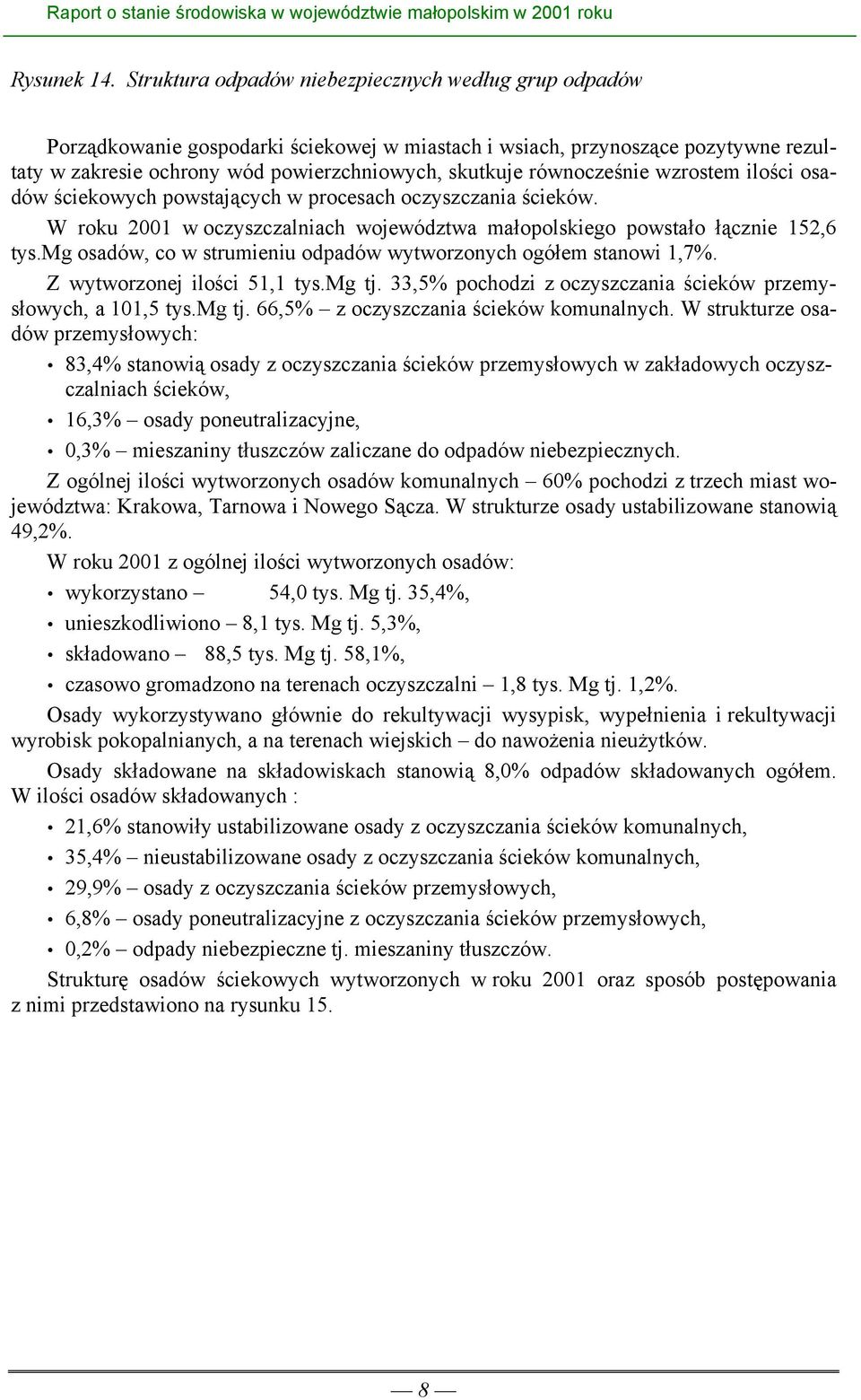 równocześnie wzrostem ilości osadów ściekowych powstających w procesach oczyszczania ścieków. W roku 2001 w oczyszczalniach województwa małopolskiego powstało łącznie 152,6 tys.