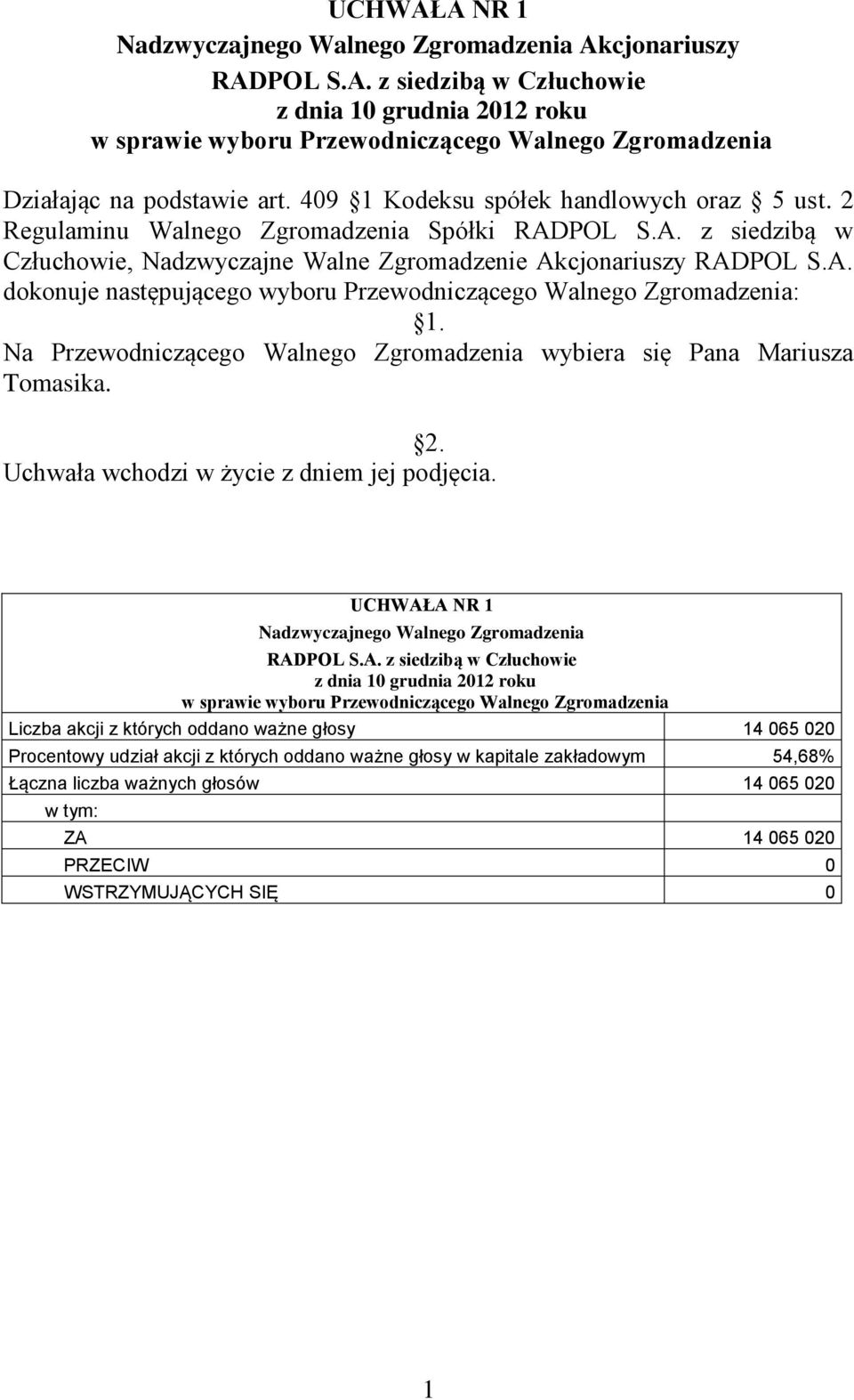 POL S.A. z siedzibą w Człuchowie, Nadzwyczajne Walne Zgromadzenie Akcjonariuszy RADPOL S.A. dokonuje następującego wyboru Przewodniczącego Walnego Zgromadzenia: 1.