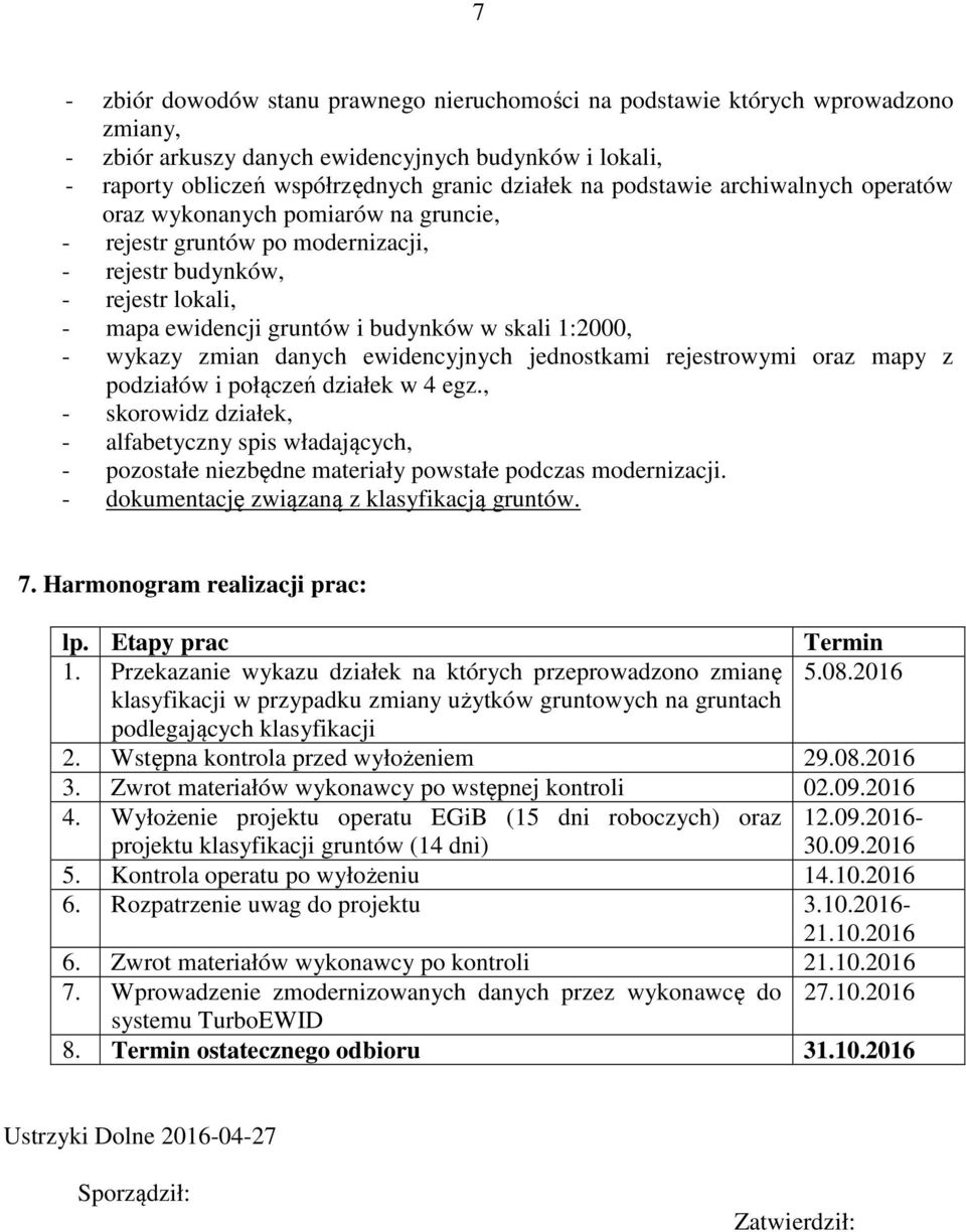 wykazy zmian danych ewidencyjnych jednostkami rejestrowymi oraz mapy z podziałów i połączeń działek w 4 egz.