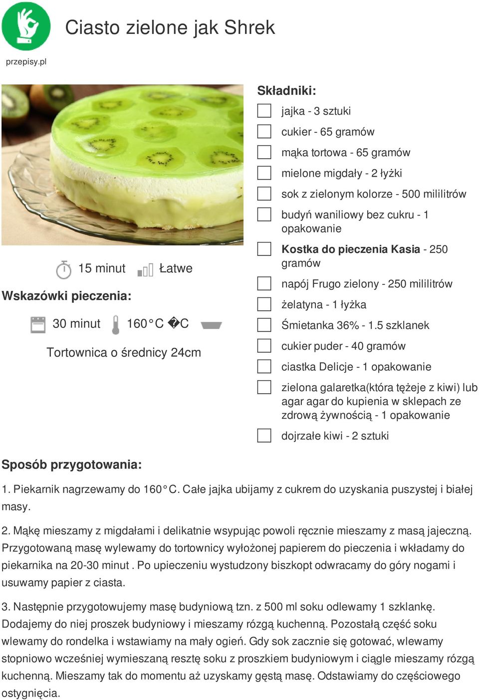 5 szklanek cukier puder - 40 gramów ciastka Delicje - 1 opakowanie zielona galaretka(która tężeje z kiwi) lub agar agar do kupienia w sklepach ze zdrową żywnością - 1 opakowanie dojrzałe kiwi - 2