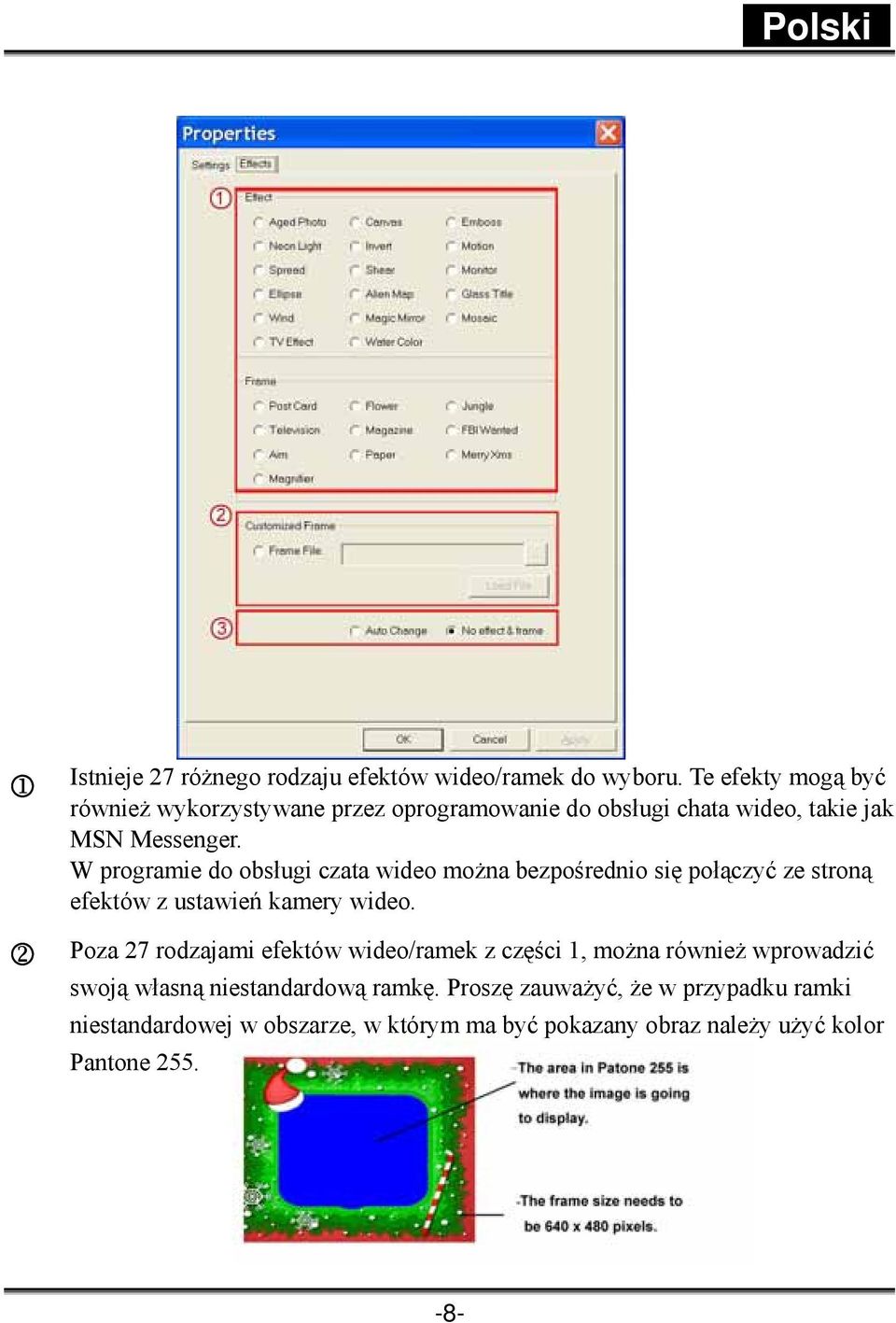 W programie do obsługi czata wideo można bezpośrednio się połączyć ze stroną efektów z ustawień kamery wideo.