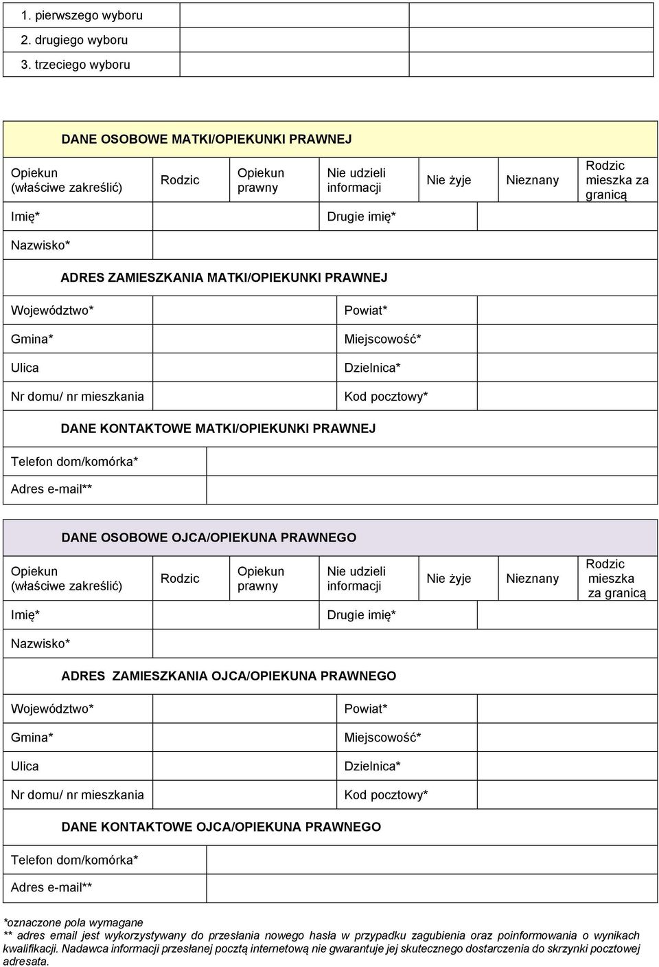 MATKI/OPIEKUNKI PRAWNEJ Nr domu/ nr mieszkania DANE KONTAKTOWE MATKI/OPIEKUNKI PRAWNEJ Telefon dom/komórka* Adres e-mail** DANE OSOBOWE OJCA/OPIEKUNA PRAWNEGO (właściwe zakreślić) prawny Nie udzieli