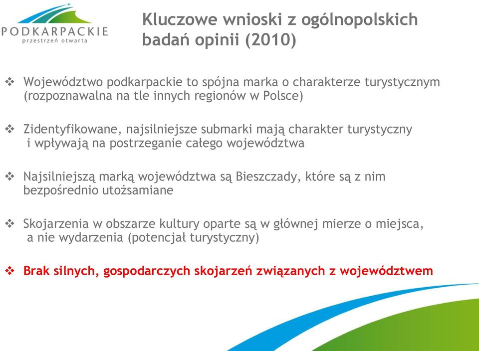 postrzeganie całego województwa Najsilniejszą marką województwa są Bieszczady, które są z nim bezpośrednio utożsamiane Skojarzenia w