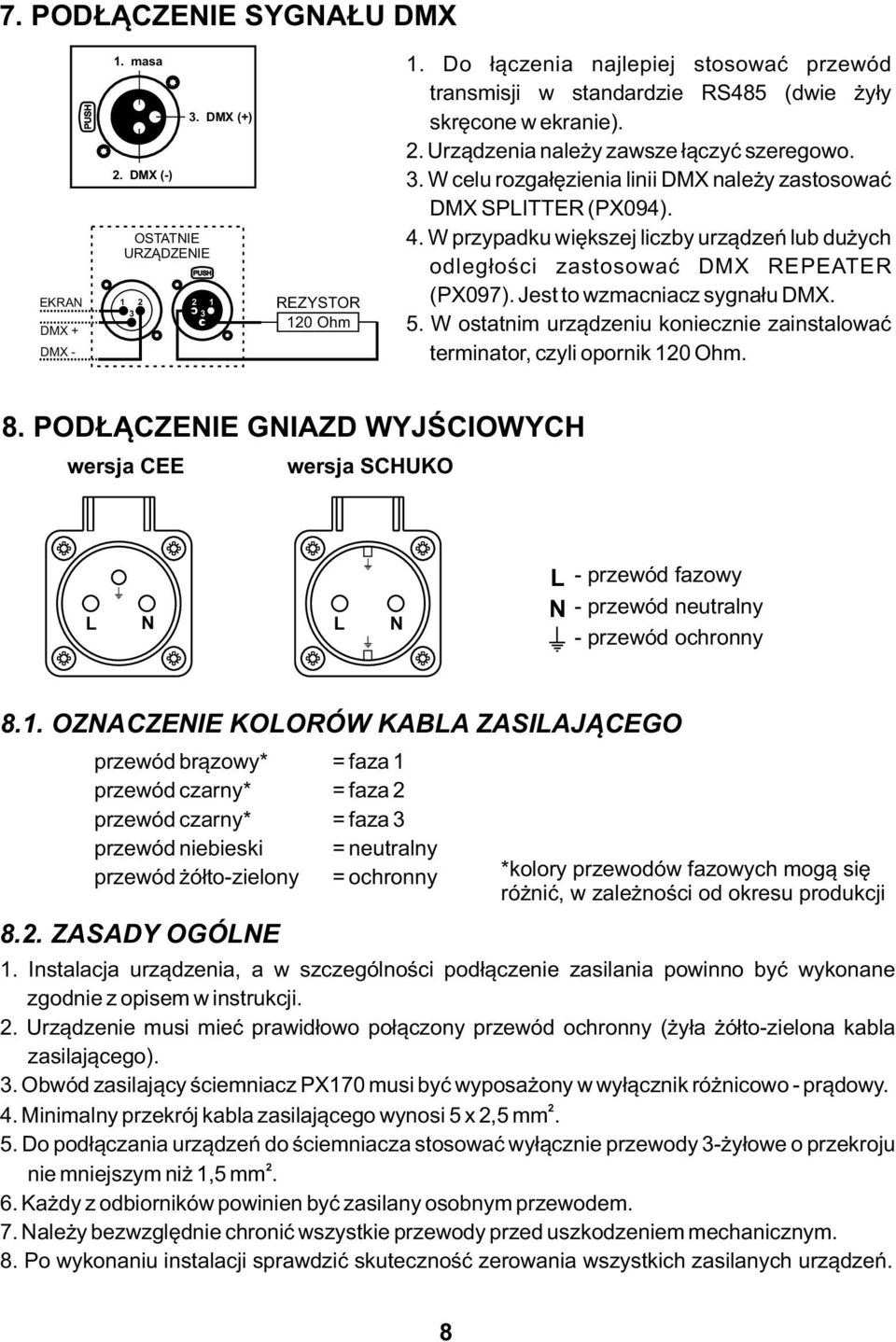 W celu rozgałęzienia linii DMX należy zastosować DMX SPLITTER (PX094). 4. W przypadku większej liczby urządzeń lub dużych odległości zastosować DMX REPEATER (PX097). Jest to wzmacniacz sygnału DMX. 5.