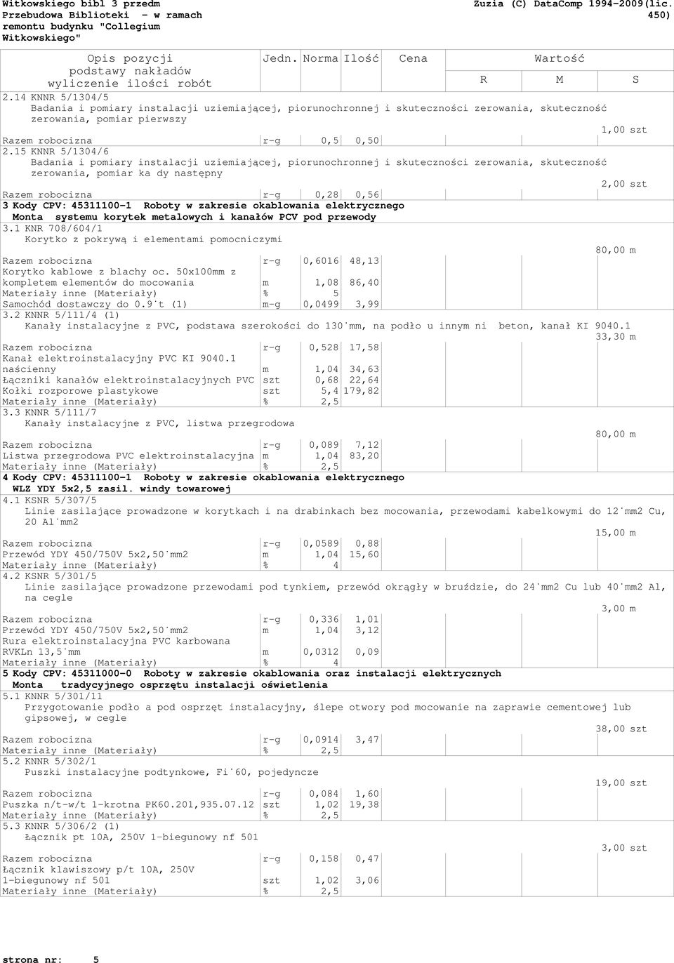 PCV pod przewody 3.1 KNR 708/604/1 Korytko z pokrywą i elementami pomocniczymi 80,00 m Razem robocizna r-g 0,6016 48,13 Korytko kablowe z blachy oc.