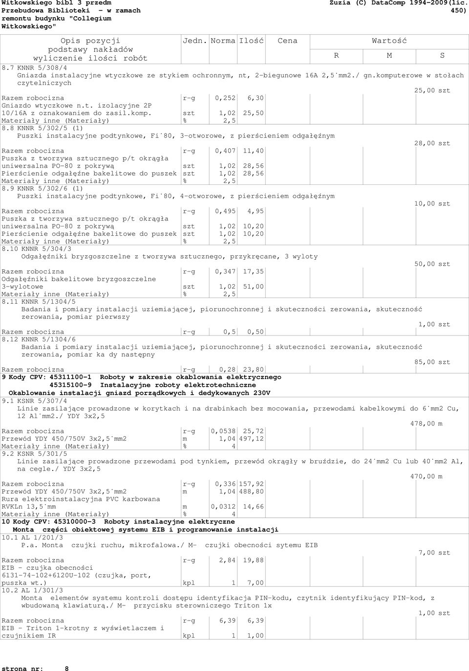 8 KNNR 5/302/5 (1) Puszki instalacyjne podtynkowe, Fi 80, 3-otworowe, z pierścieniem odgałęźnym 28,00 szt Razem robocizna r-g 0,407 11,40 Puszka z tworzywa sztucznego p/t okrągła uniwersalna PO-80 z