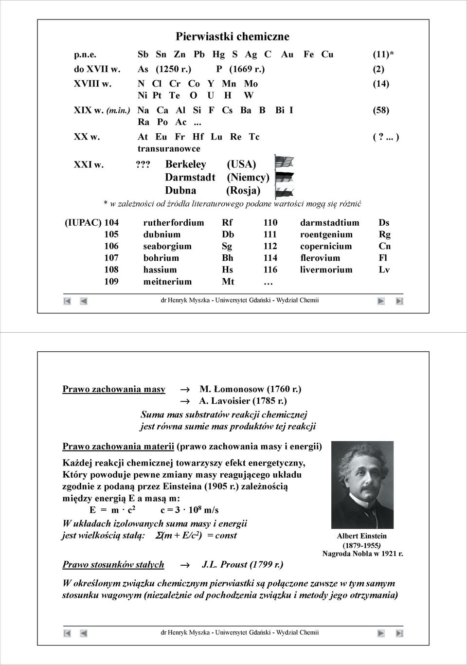 ??? Berkeley (USA) Darmstadt (Niemcy) Dubna (Rosja) * w zale no ci od ródła literaturowego podane warto ci mog si ró ni (IUPAC) 104 rutherfordium Rf 110 darmstadtium Ds 105 dubnium Db 111 roentgenium