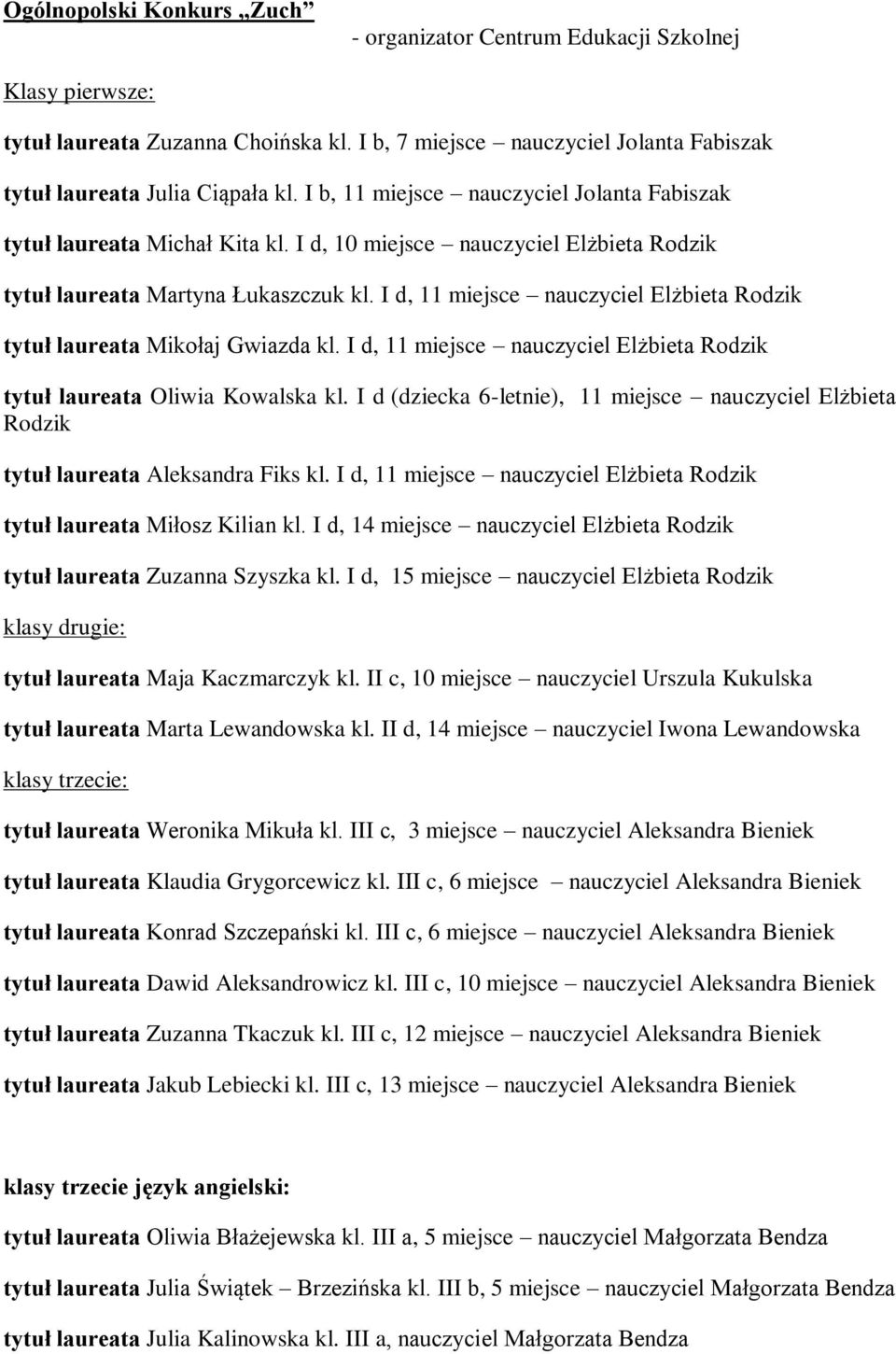 I d, 11 miejsce nauczyciel Elżbieta Rodzik tytuł laureata Mikołaj Gwiazda kl. I d, 11 miejsce nauczyciel Elżbieta Rodzik tytuł laureata Oliwia Kowalska kl.