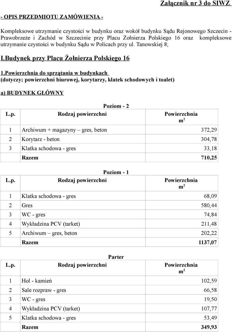 Powierzchnia do sprzątania w budynkach (dotyczy; powierzchni biurowej, korytarzy, klatek schodowych i toalet) a) BUDYNEK GŁÓWNY Poziom - 2 1 Archiwum + magazyny gres, beton 372,29 2 Korytarz - beton