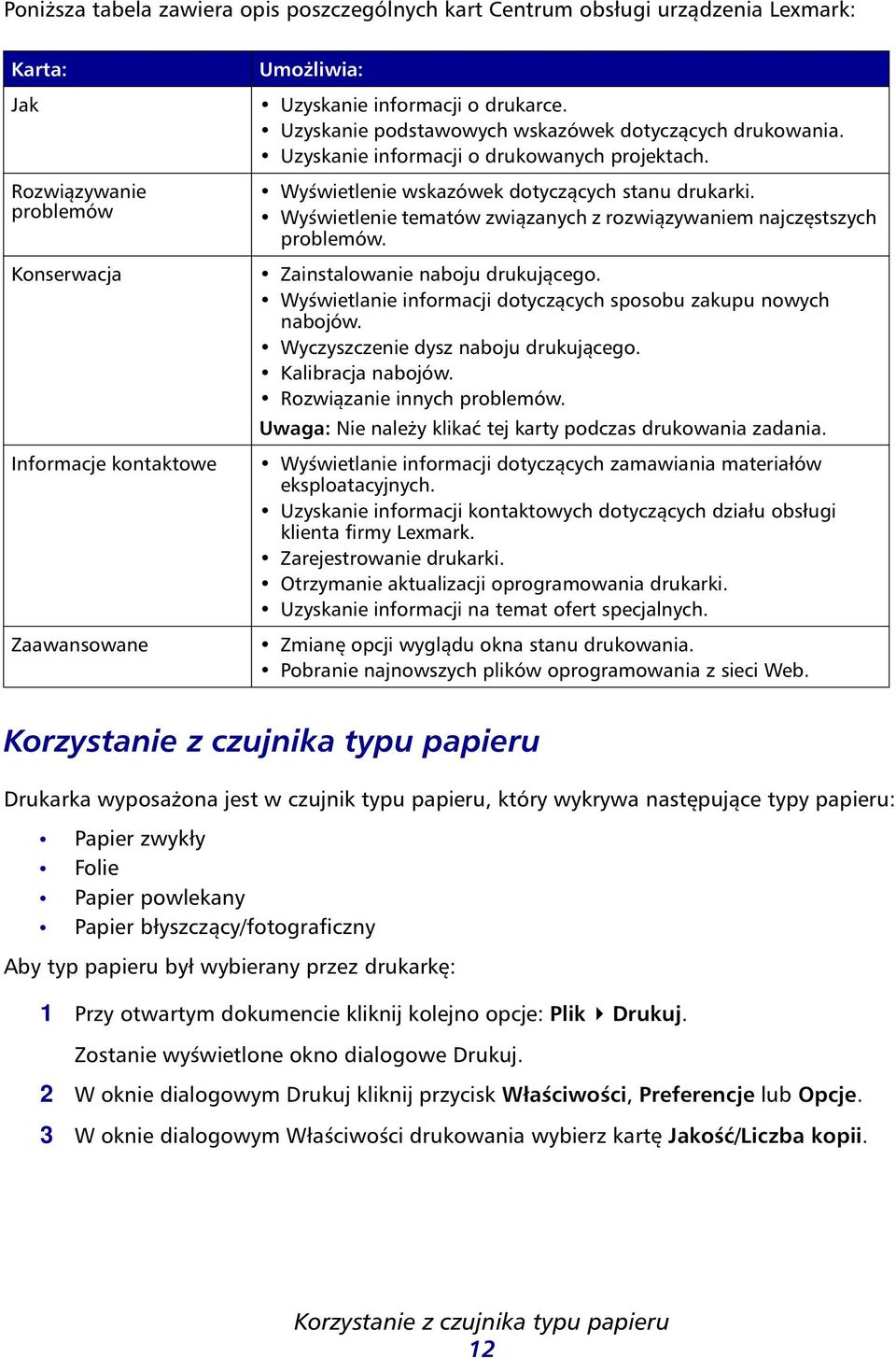 Wyświetlenie tematów związanych z rozwiązywaniem najczęstszych problemów. Zainstalowanie naboju drukującego. Wyświetlanie informacji dotyczących sposobu zakupu nowych nabojów.