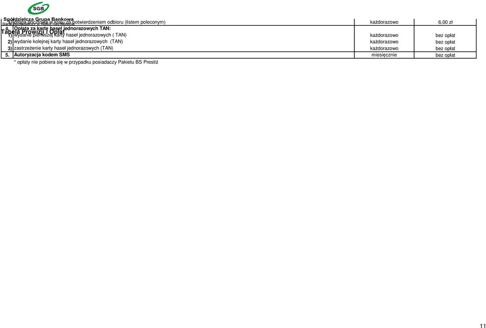 każdorazowo bez opłat 2) wydanie kolejnej karty haseł jednorazowych (TAN) każdorazowo bez opłat 3) zastrzeżenie karty haseł