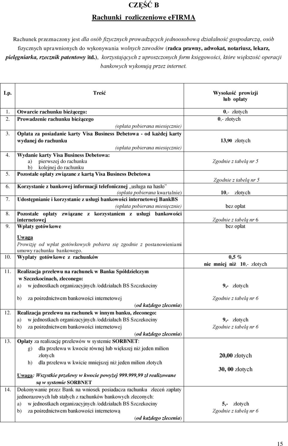 Treść Wysokość prowizji lub opłaty 1. Otwarcie rachunku bieżącego: 0,- złotych 2. Prowadzenie rachunku bieżącego 0,- złotych (opłata pobierana miesięcznie) 3.