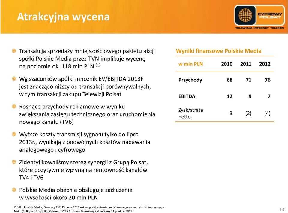 transakcji zakupu Telewizji Polsat EBITDA 12 9 7 Rosnące przychody reklamowe w wyniku zwiększania zasięgu technicznego oraz uruchomienia nowego kanału ł (TV6) Wyższe koszty transmisji sygnałutylko do