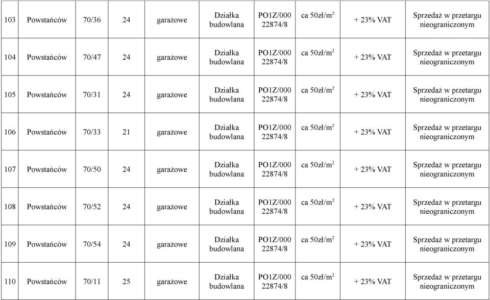 107 Powstańców 70/50 24 garażowe 108 Powstańców 70/52 24 garażowe