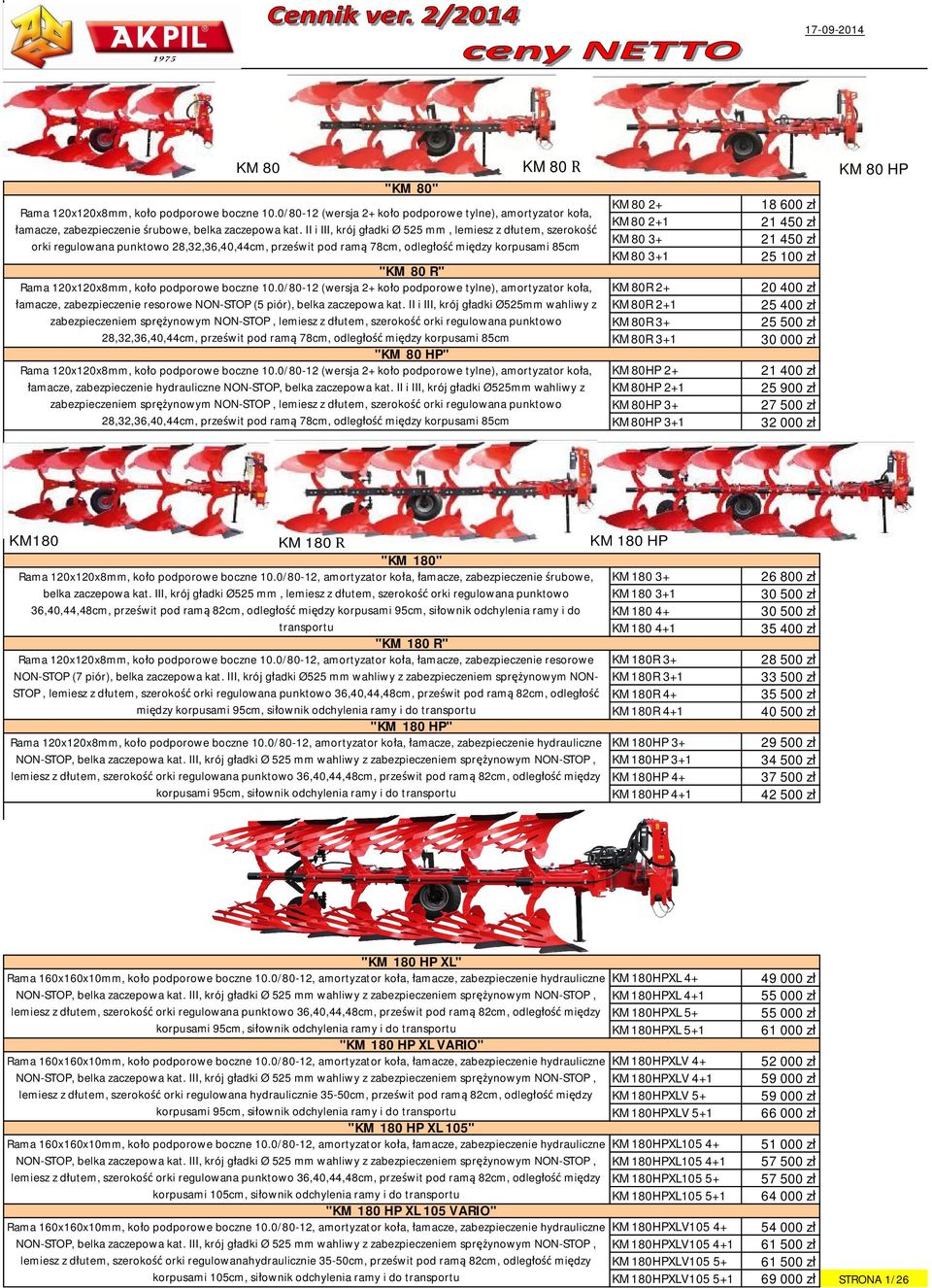 II i III, krój gładki Ø 525 mm, lemiesz z dłutem, szerokość KM80 3+ 21 450 zł orki regulowana punktowo 28,32,36,40,44cm, prześwit pod ramą 78cm, odległość między korpusami 85cm KM80 3+1 25 100 zł "KM