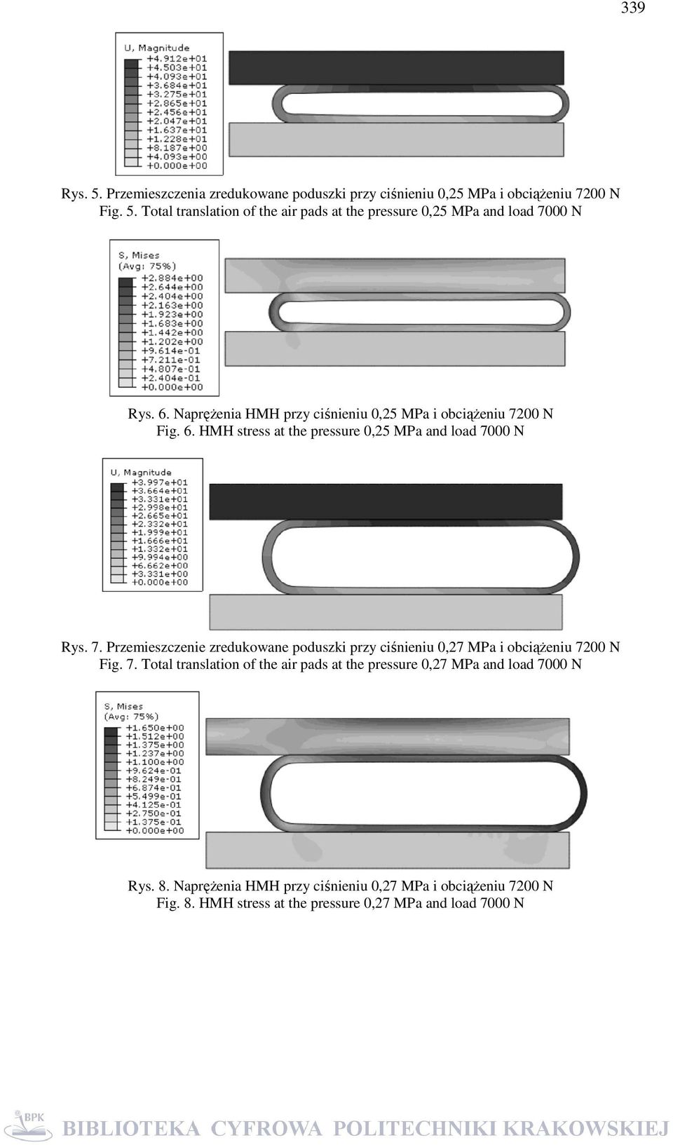 7. Total translation of the air pads at the pressure 0,27 MPa and load 7000 N Rys. 8. Naprężenia HMH przy ciśnieniu 0,27 MPa i obciążeniu 7200 N Fig.