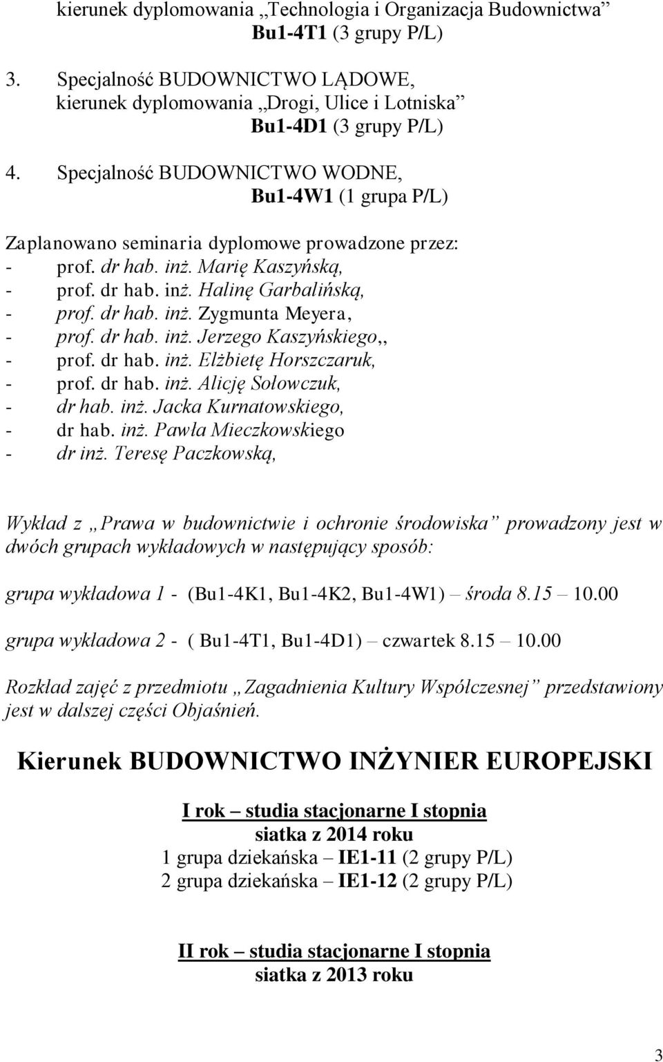 dr hab. inż. Jerzego Kaszyńskiego,, - prof. dr hab. inż. Elżbietę Horszczaruk, - prof. dr hab. inż. Alicję Sołowczuk, - dr hab. inż. Jacka Kurnatowskiego, - dr hab. inż. Pawła Mieczkowskiego - dr inż.