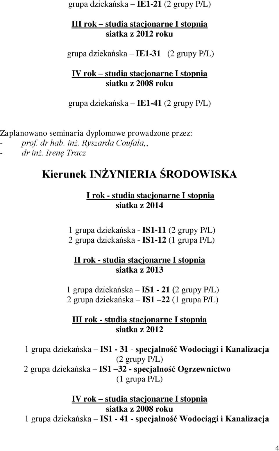 Irenę Tracz Kierunek INŻYNIERIA ŚRODOWISKA I rok - studia stacjonarne I stopnia siatka z 2014 1 grupa dziekańska - IS1-11 (2 grupy P/L) 2 grupa dziekańska - IS1-12 (1 grupa P/L) II rok - studia