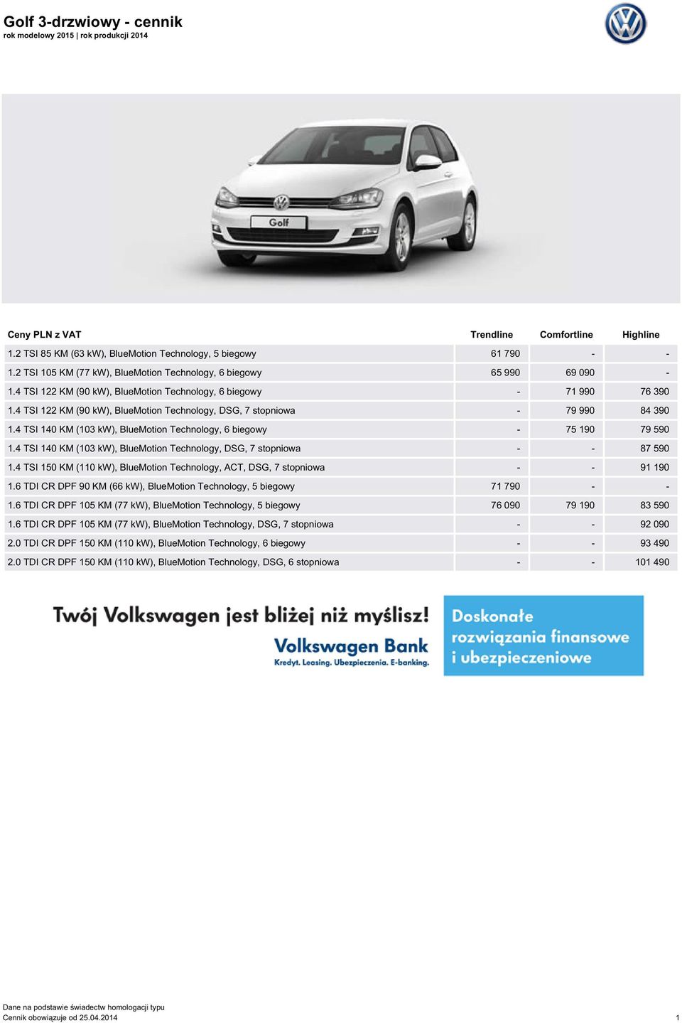 4 TSI 122 KM (90 kw), BlueMotion Technology, DSG, 7 stopniowa - 79 990 84 390 1.4 TSI 140 KM (103 kw), BlueMotion Technology, 6 biegowy - 75 190 79 590 1.