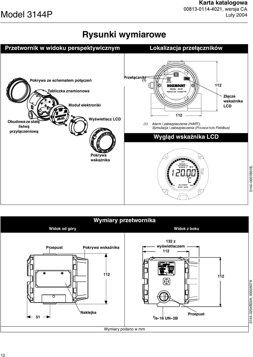 zabezpieczenie (HART), Symulacja i zabezpieczenia (FOUNDATION Fieldbus) Wygląd wskaźnika LCD Pokrywa wskaźnika 3144 0001B01B, Widok od góry Wymiary