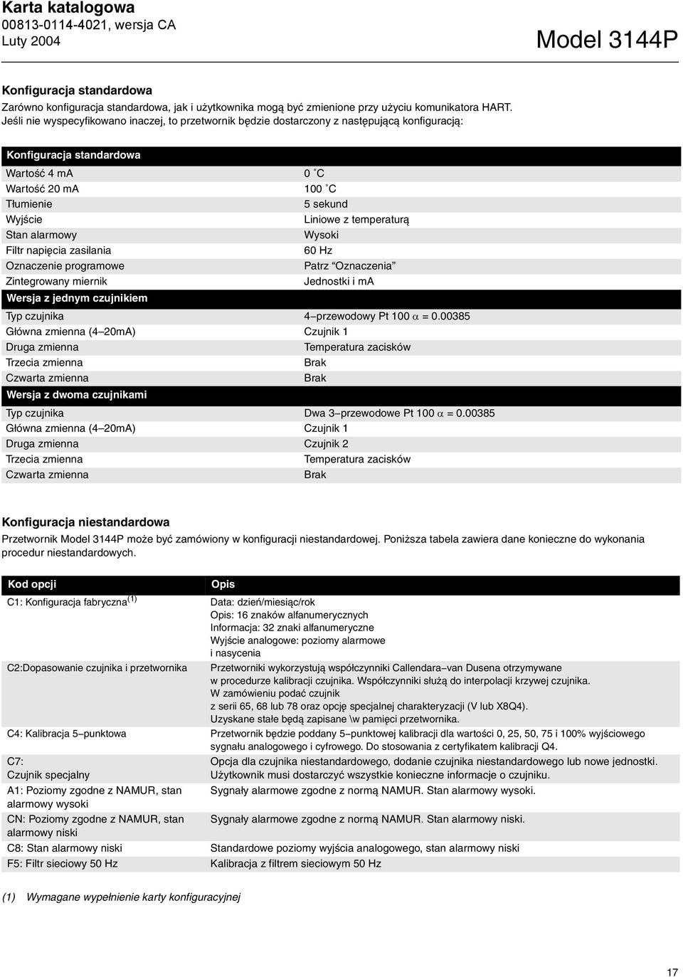 zasilania Oznaczenie programowe Zintegrowany miernik Wersja z jednym czujnikiem 0 C 100 C 5 sekund Liniowe z temperaturą Wysoki 60 Hz Patrz Oznaczenia Jednostki i ma Typ czujnika 4 przewodowy Pt 100