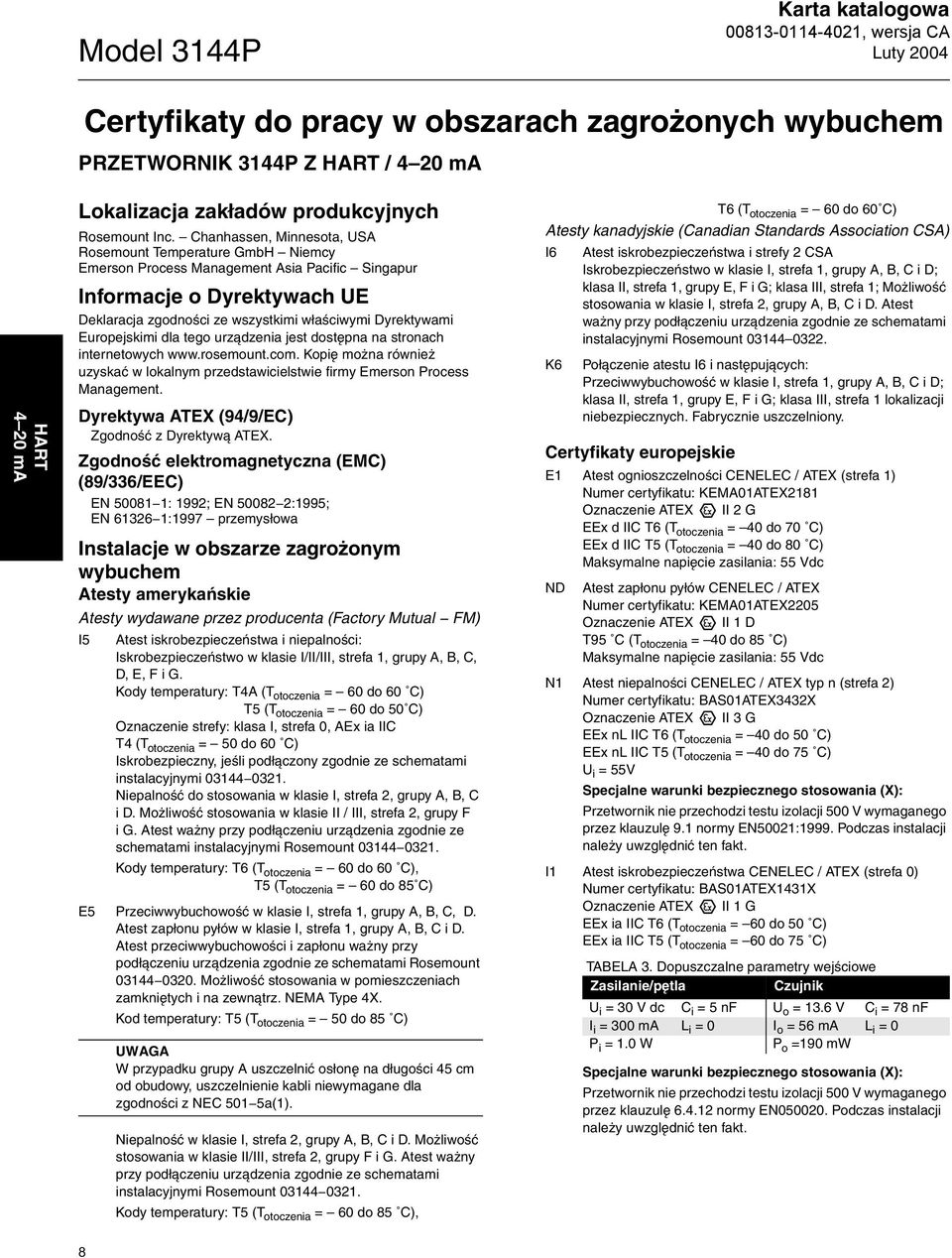 Europejskimi dla tego urządzenia jest dostępna na stronach internetowych www.rosemount.com. Kopię można również uzyskać w lokalnym przedstawicielstwie firmy Emerson Process Management.