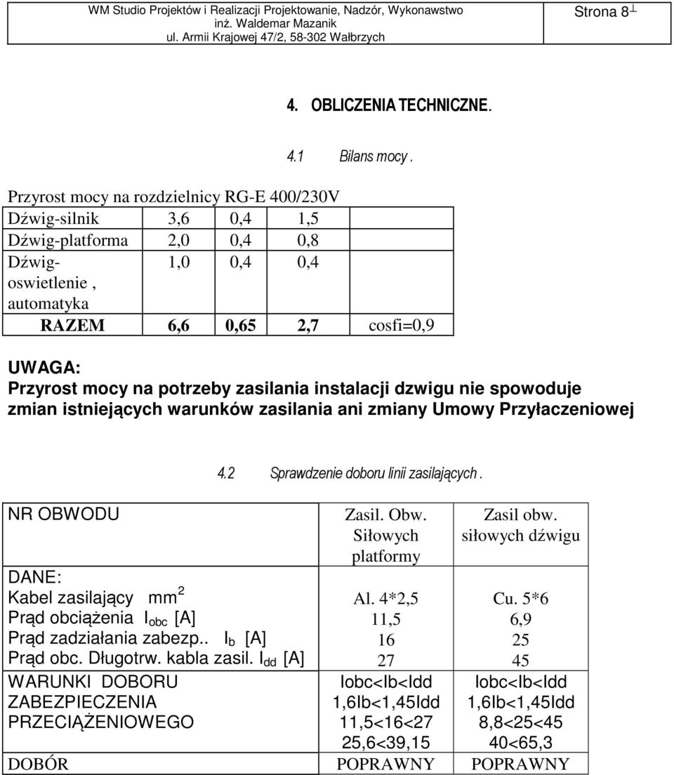 zasilania instalacji dzwigu nie spowoduje zmian istniejących warunków zasilania ani zmiany Umowy Przyłaczeniowej NR OBWODU DANE: Kabel zasilający mm 2 Prąd obciążenia I obc [A] Prąd zadziałania