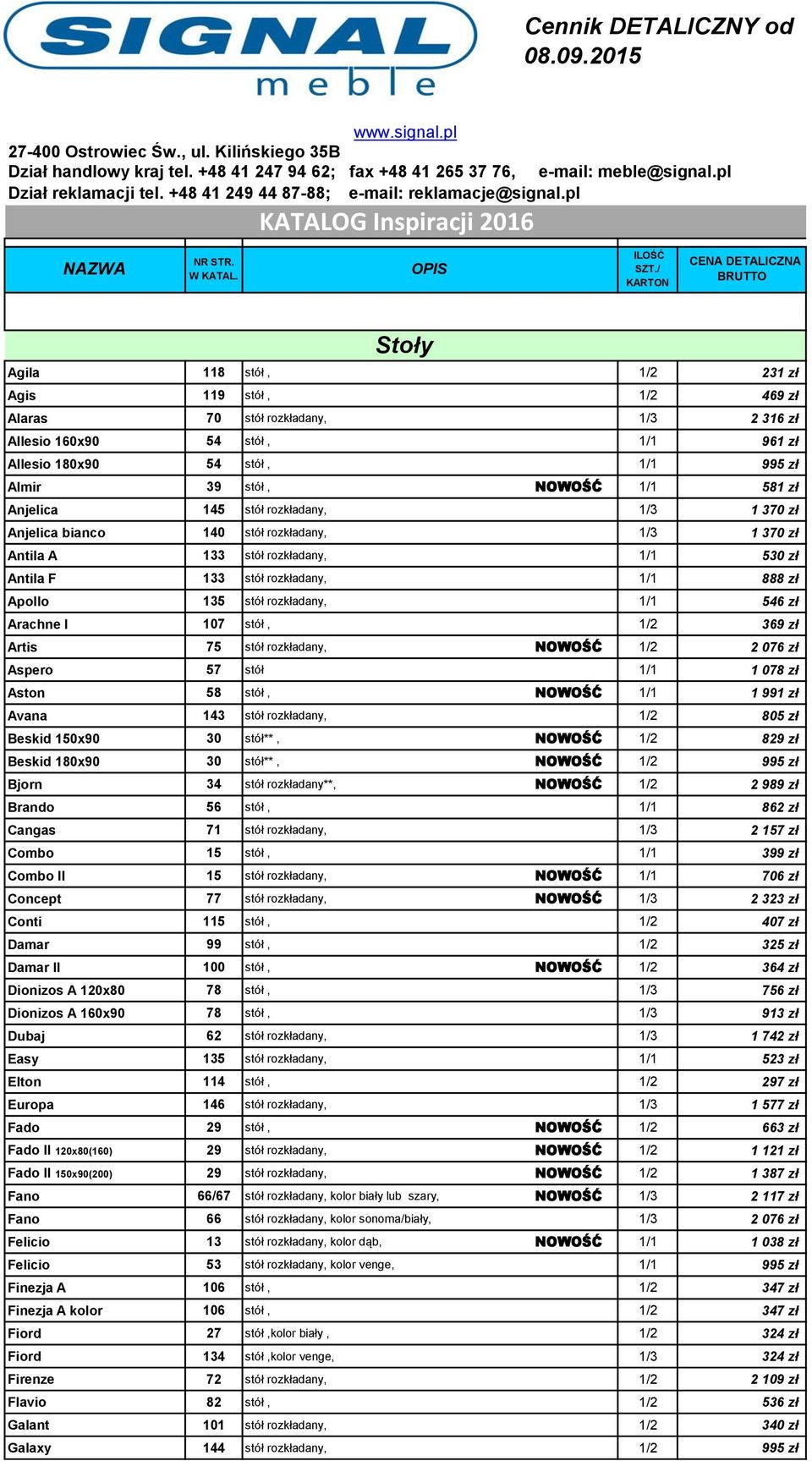 pl KATALOG Inspiracji 2016 NAZWA Stoły Agila 118 stół, 1/2 231 zł Agis 119 stół, 1/2 469 zł Alaras 70 stół rozkładany, 1/3 2 316 zł Allesio 160x90 54 stół, 1/1 961 zł Allesio 180x90 54 stół, 1/1 995