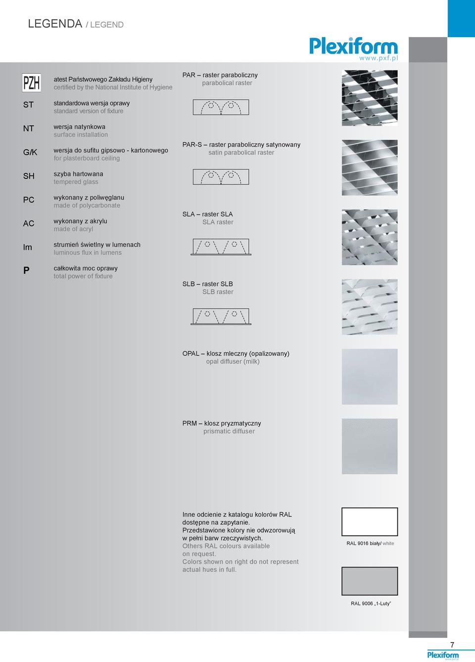 wykonany z akrylu made of acryl strumień świetlny w lumenach luminous flux in lumens całkowita moc oprawy total power of fixture PARS raster paraboliczny satynowany satin parabolical raster SLA