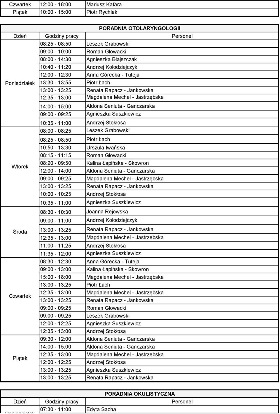 10:50-13:30 Urszula Iwańska 08:15-11:15 Roman Głowacki 08:20-09:50 Kalina Łapińska - Skowron 12:00-14:00 Aldona Seniuta - Ganczarska 09:00-09:25 Magdalena Mechel - Jastrzębska 10:00-10:25 Andrzej