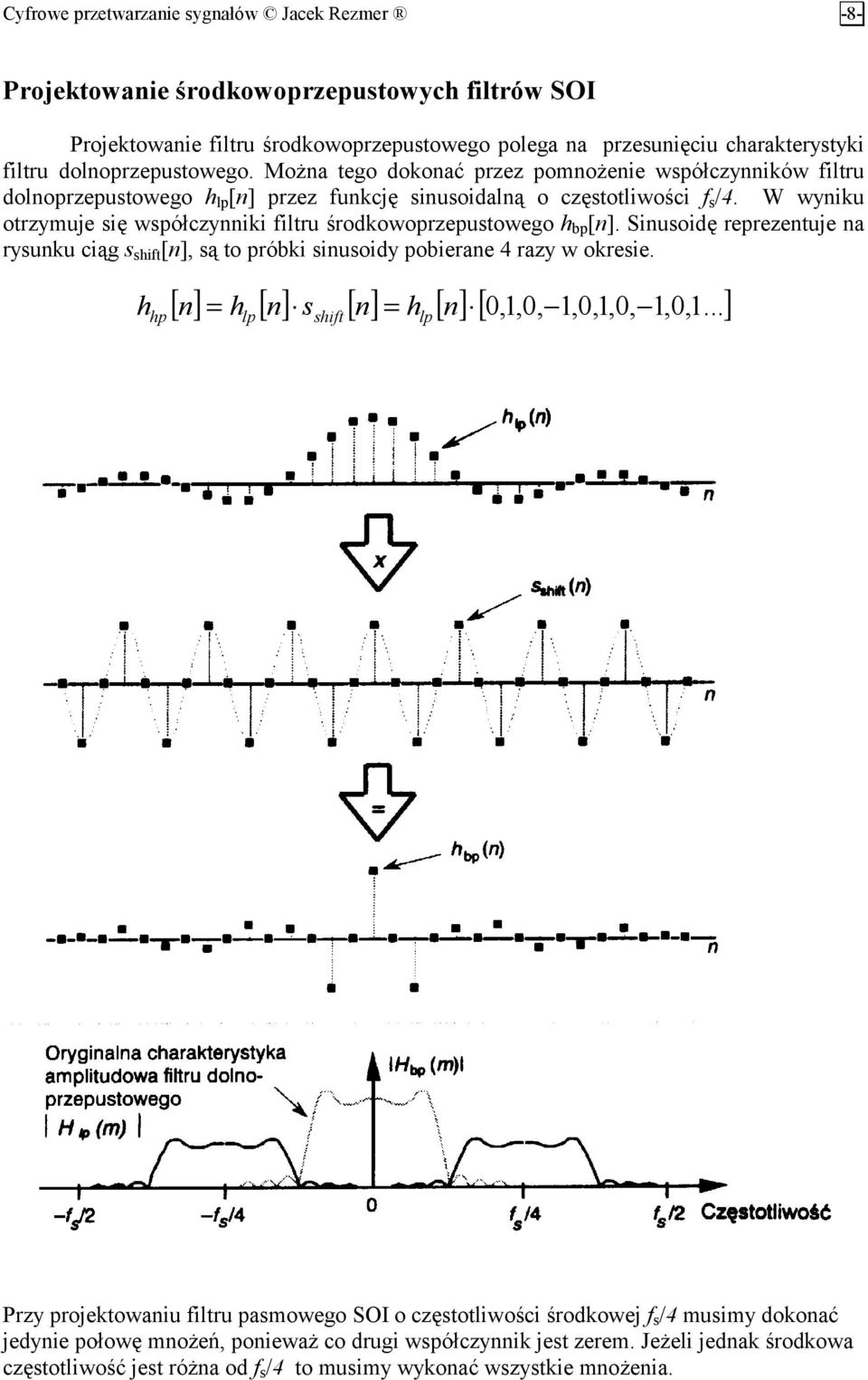 W wyniku otrzymuje się współczynniki filtru środkowoprzepustowego h bp [n]. Sinusoidę reprezentuje na rysunku ciąg s shift [n], są to próbki sinusoidy pobierane 4 razy w okresie.