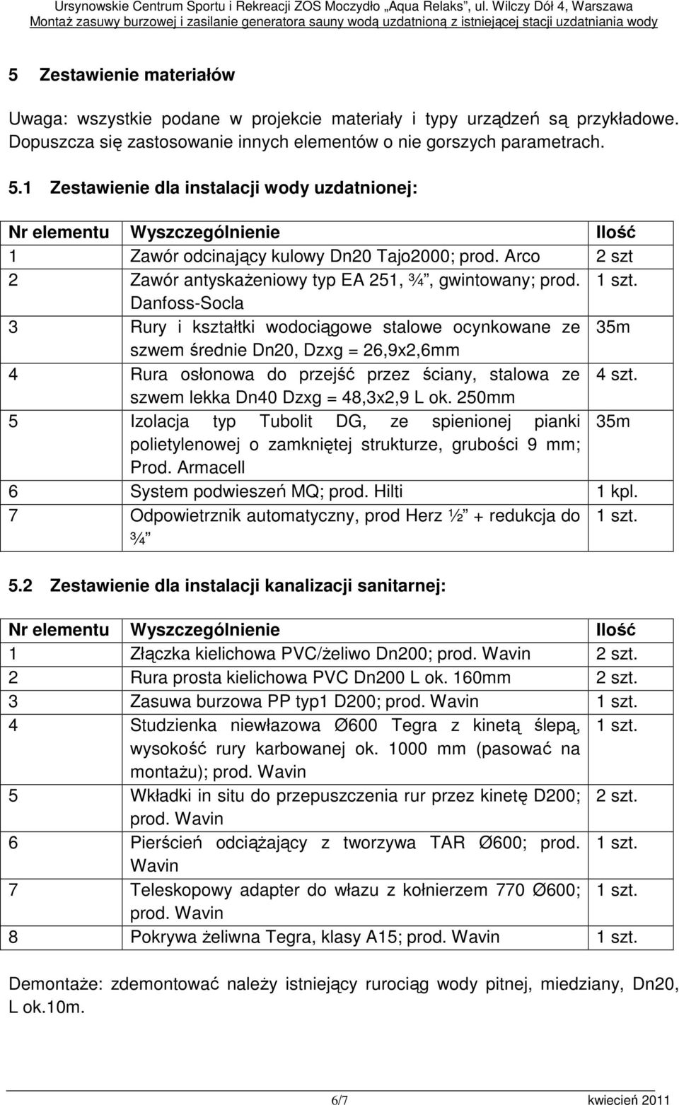 1 szt. Danfoss-Socla 3 Rury i kształtki wodociągowe stalowe ocynkowane ze 35m szwem średnie Dn20, Dzxg = 26,9x2,6mm 4 Rura osłonowa do przejść przez ściany, stalowa ze 4 szt.