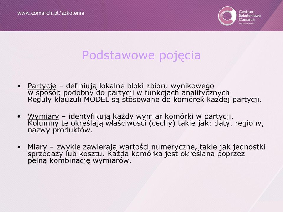 Wymiary identyfikują każdy wymiar komórki w partycji.