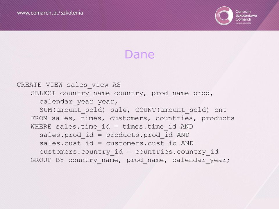 WHERE sales.time_id = times.time_id AND sales.prod_id = products.prod_id AND sales.