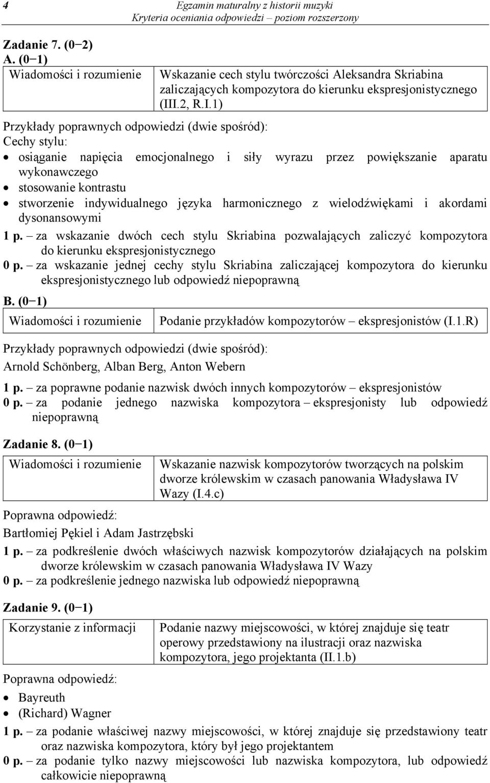 indywidualnego języka harmonicznego z wielodźwiękami i akordami dysonansowymi 1 p. za wskazanie dwóch cech stylu Skriabina pozwalających zaliczyć kompozytora do kierunku ekspresjonistycznego 0 p.