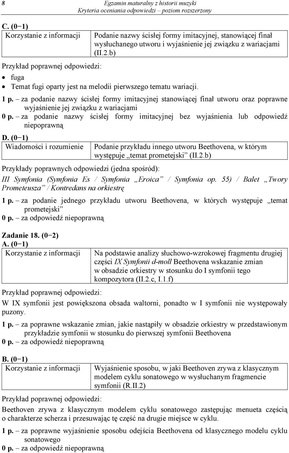 za podanie nazwy ścisłej formy imitacyjnej bez wyjaśnienia lub odpowiedź niepoprawną D. (0 1) Podanie przykładu innego utworu Beethovena, w którym występuje temat prometejski (II.2.