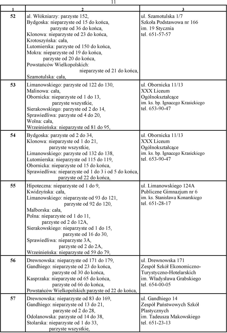 nieparzyste od 19 do końca, parzyste od 20 do końca, Powstańców Wielkopolskich: nieparzyste od 21 do końca, Szamotulska: cała, ul. Szamotulska 1/7 Szkoła Podstawowa nr 166 im. 19 Stycznia tel.
