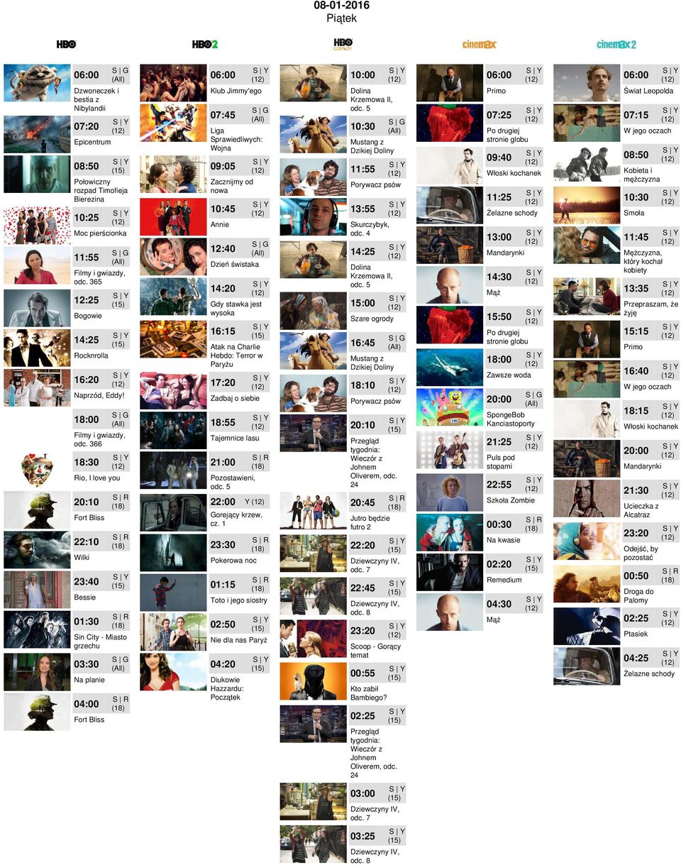 18:00 66 Rio, I love you Wilki 04:00 Fort Bliss 16:15 Atak na Charlie Hebdo: Terror w Paryżu 17:20 Zadbaj o siebie 18:55 Tajemnice lasu 21:00 Y 23:30 01:15 Toto i jego siostry Sin City - Miasto
