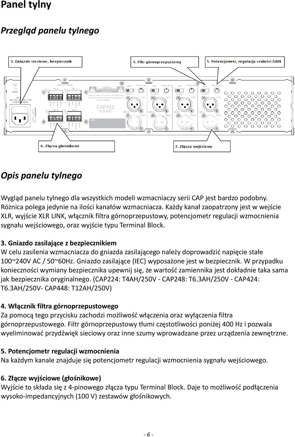 Gniazdo zasilające z bezpiecznikiem W celu zasilenia wzmacniacza do gniazda zasilającego należy doprowadzić napięcie stałe 100~240V AC / 50~60Hz.