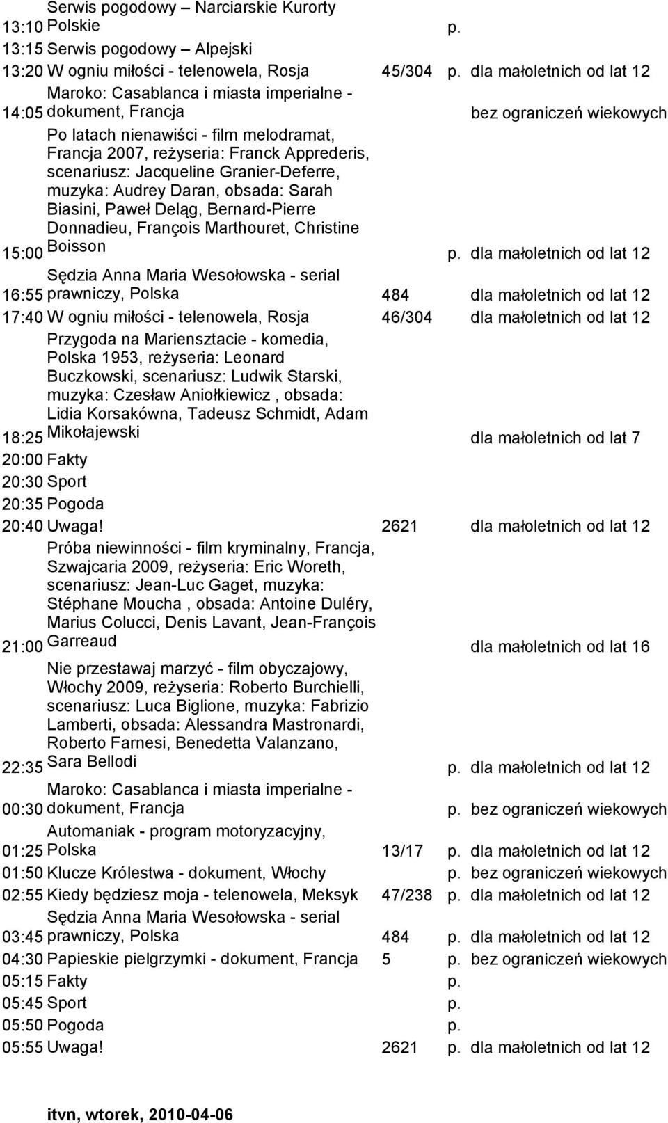 Bernard-Pierre Donnadieu, François Marthouret, Christine 15:00 Boisson dla małoletnich od lat 12 16:55 prawniczy, Polska 484 dla małoletnich od lat 12 17:40 W ogniu miłości - telenowela, Rosja 46/304