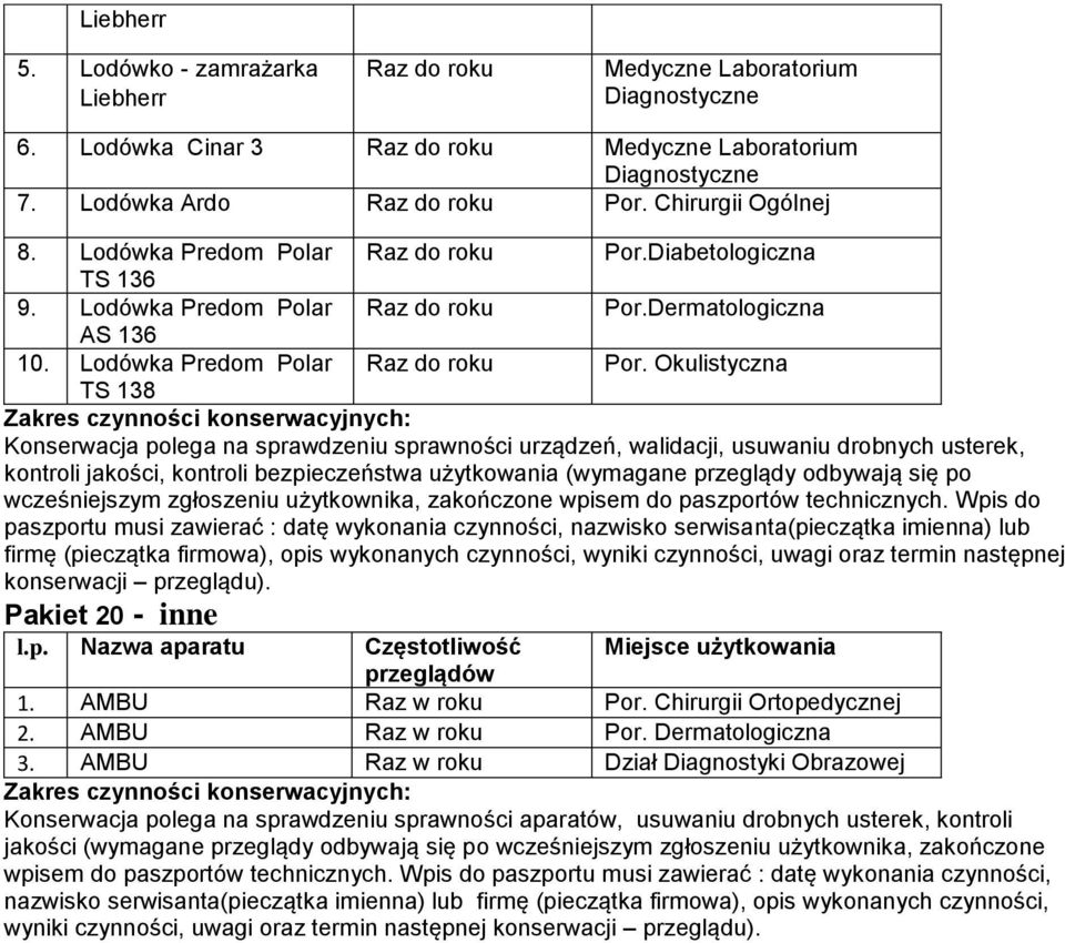 Lodówka Predom Polar Raz do roku TS 138 Konserwacja polega na sprawdzeniu sprawności urządzeń, walidacji, usuwaniu drobnych usterek, Pakiet 20 - inne 1. AMBU Por. Chirurgii Ortopedycznej 2. AMBU Por. Dermatologiczna 3.