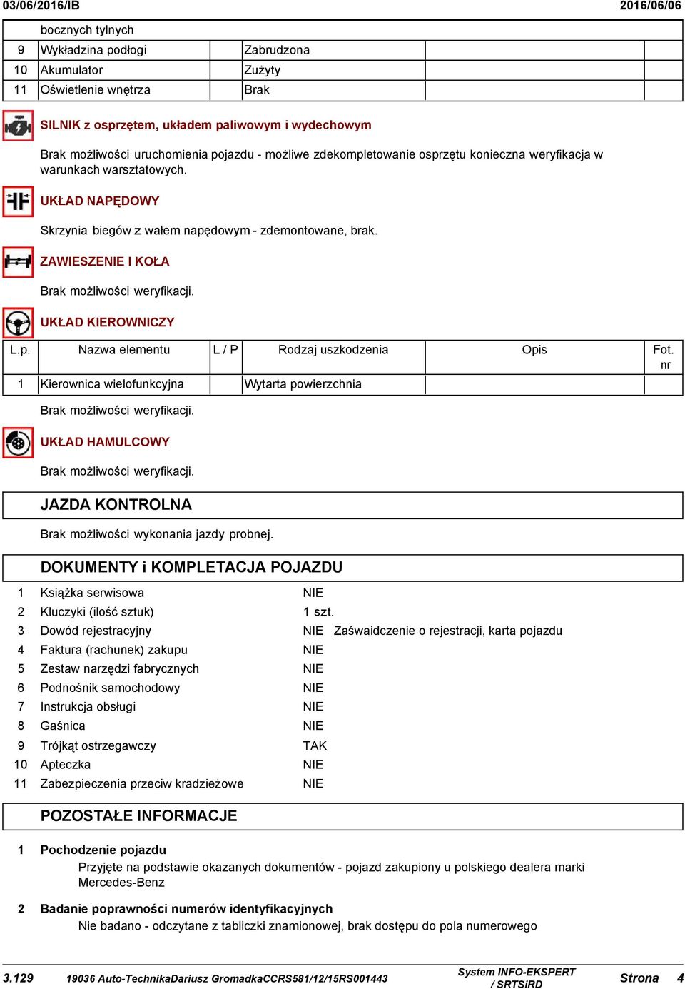 UKŁAD KIEROWNICZY Nazwa elementu / Kierownica wielofunkcyjna Rodzaj uszkodzenia Opis Fot. nr Wytarta powierzchnia Brak możliwości weryfikacji. UKŁAD HAMUCOWY Brak możliwości weryfikacji.