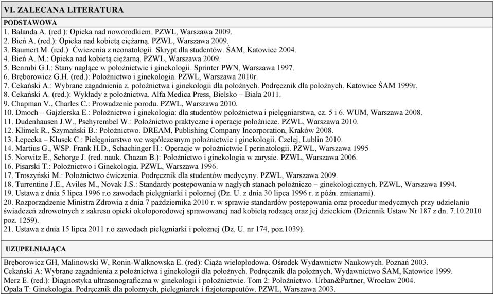 Bręborowicz G.H. (red.): Położnictwo i ginekologia. PZWL, Warszawa 2010r. 7. Cekański A.: Wybrane zagadnienia z. położnictwa i ginekologii dla położnych. Podręcznik dla położnych. Katowice ŚAM 1999r.