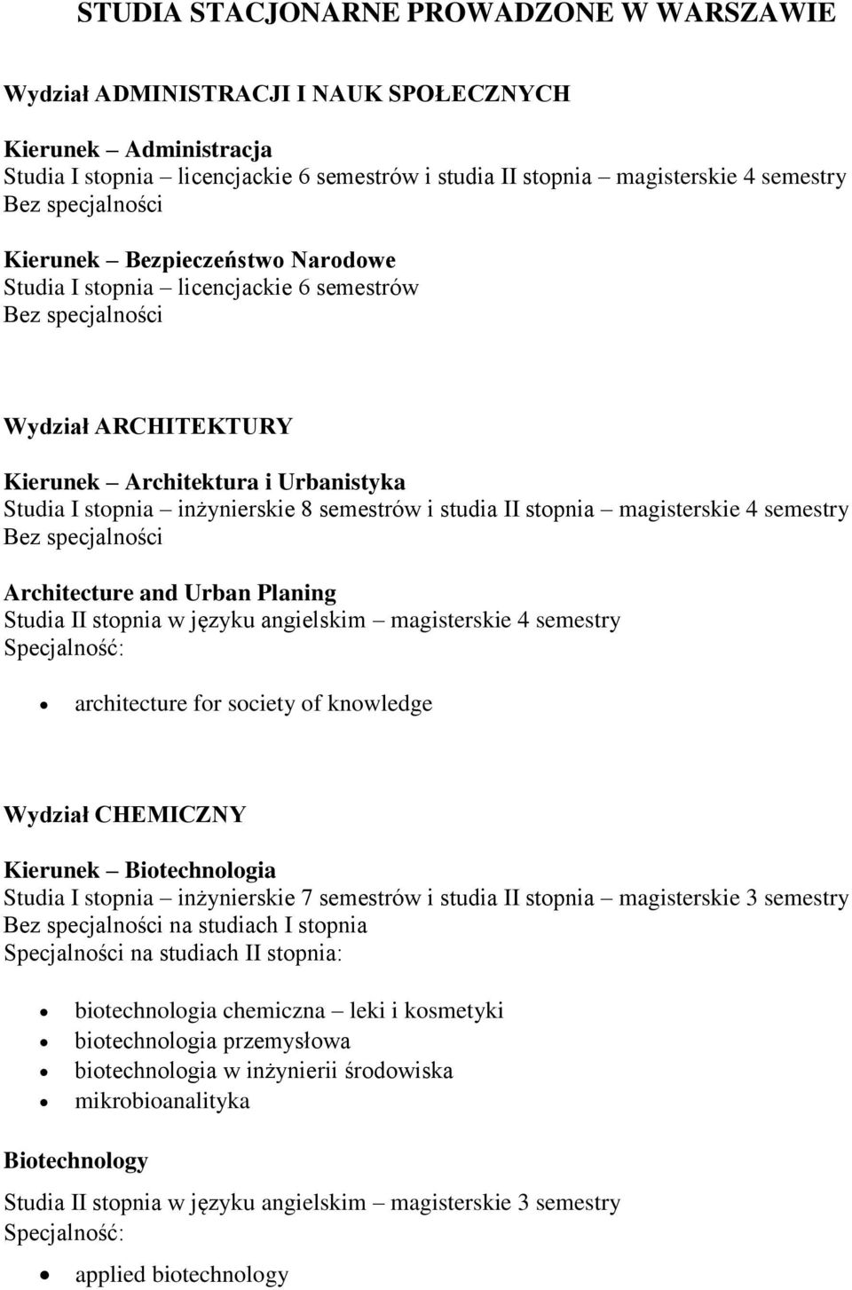 magisterskie 4 semestry Architecture and Urban Planing Studia II stopnia w języku angielskim magisterskie 4 semestry architecture for society of knowledge Wydział CHEMICZNY Kierunek Biotechnologia na