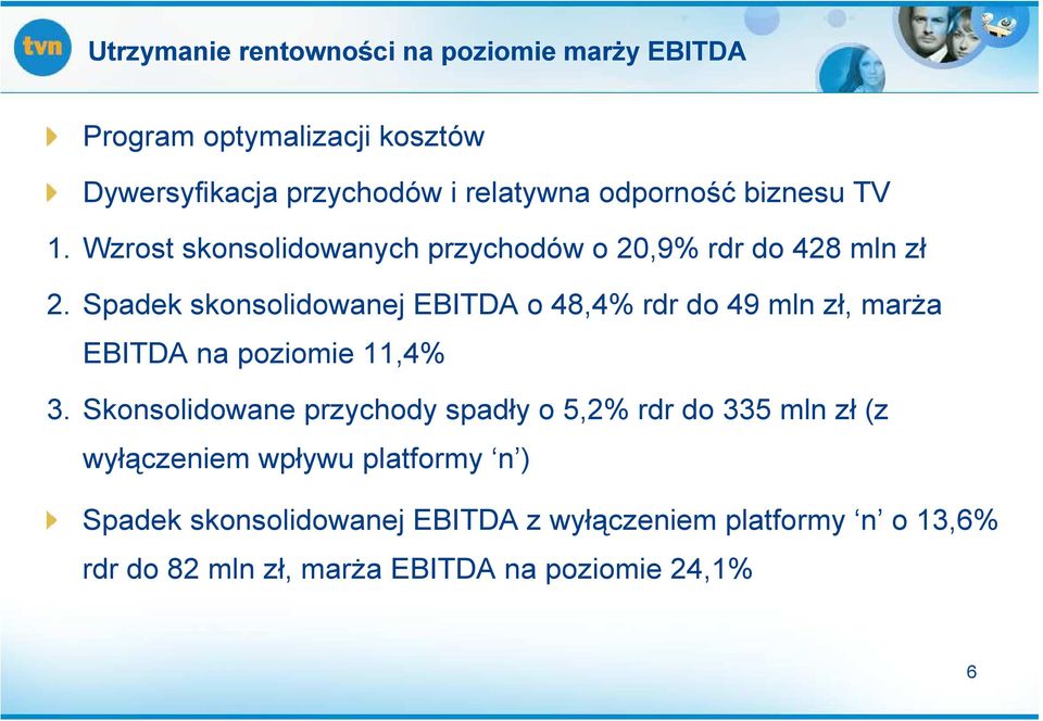 Spadek skonsolidowanej EBITDA o 48,4% rdr do 49 mln zł, marŝa EBITDA na poziomie 11,4% 3.