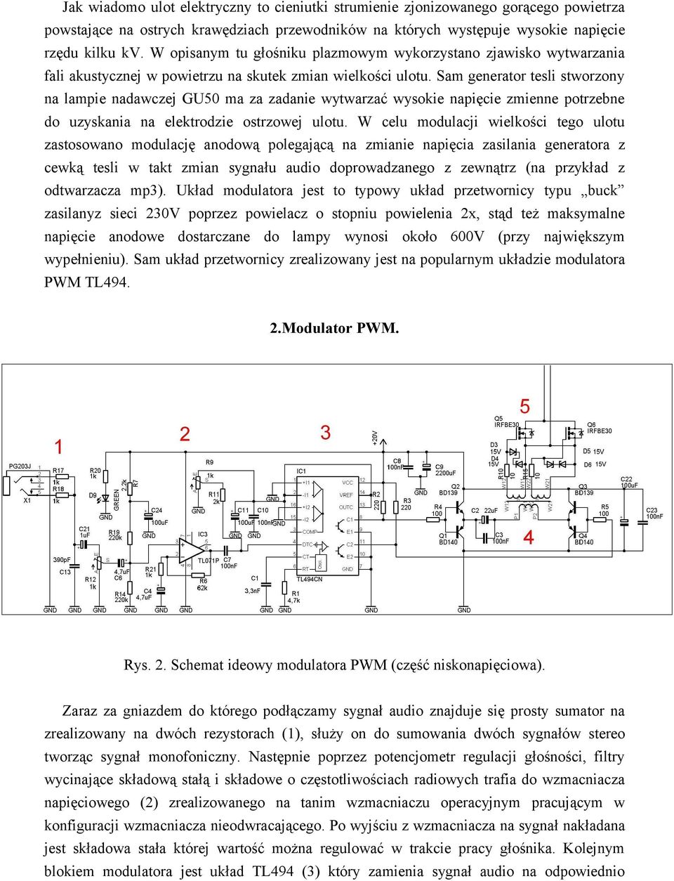 Sam generator tesli stworzony na lampie nadawczej GU50 ma za zadanie wytwarzać wysokie napięcie zmienne potrzebne do uzyskania na elektrodzie ostrzowej ulotu.