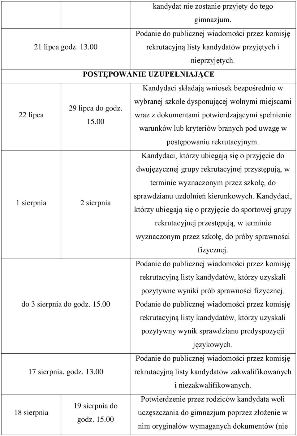 00 warunków lub kryteriów branych pod uwagę w postępowaniu rekrutacyjnym.