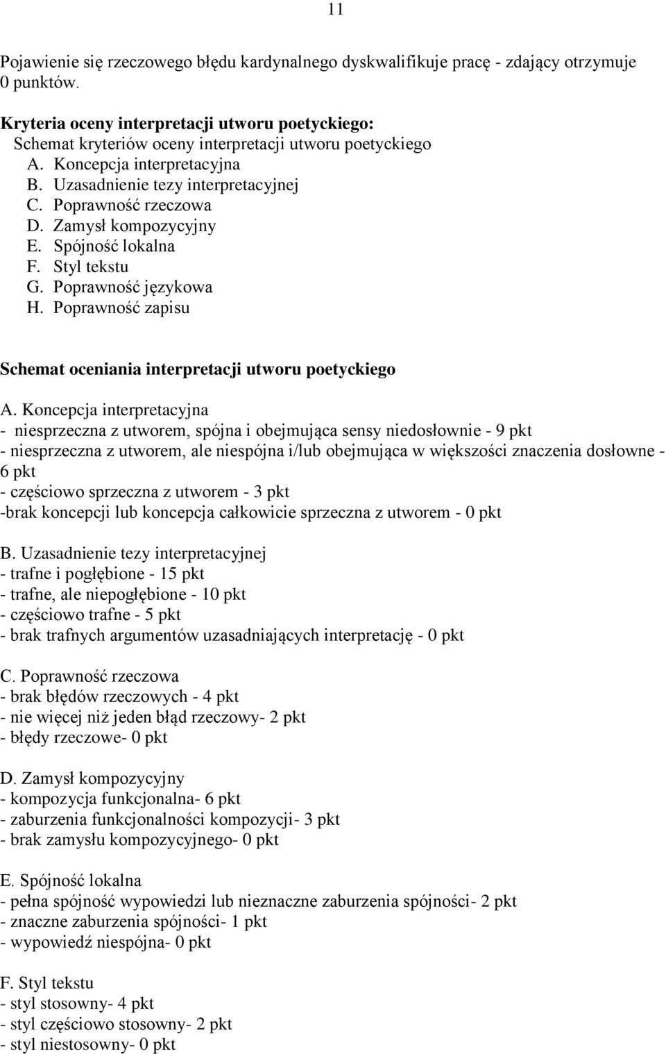 Zamysł kompozycyjny E. Spójność lokalna F. Styl tekstu G. Poprawność językowa H. Poprawność zapisu Schemat oceniania interpretacji utworu poetyckiego A.