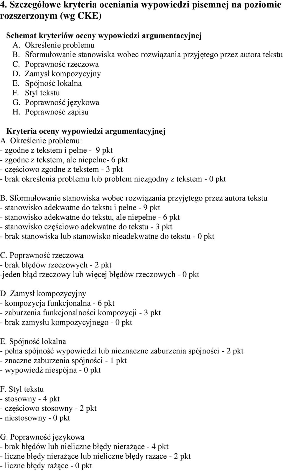 Poprawność zapisu Kryteria oceny wypowiedzi argumentacyjnej A.