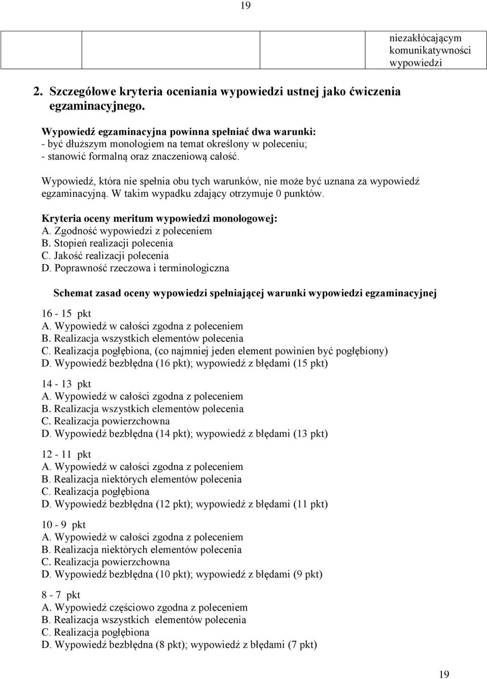 Wypowiedź, która nie spełnia obu tych warunków, nie może być uznana za wypowiedź egzaminacyjną. W takim wypadku zdający otrzymuje 0 punktów. Kryteria oceny meritum wypowiedzi monologowej: A.